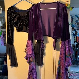 NWOT purple velvet cropped wrap top with tiered floral ruffle sleeves and black